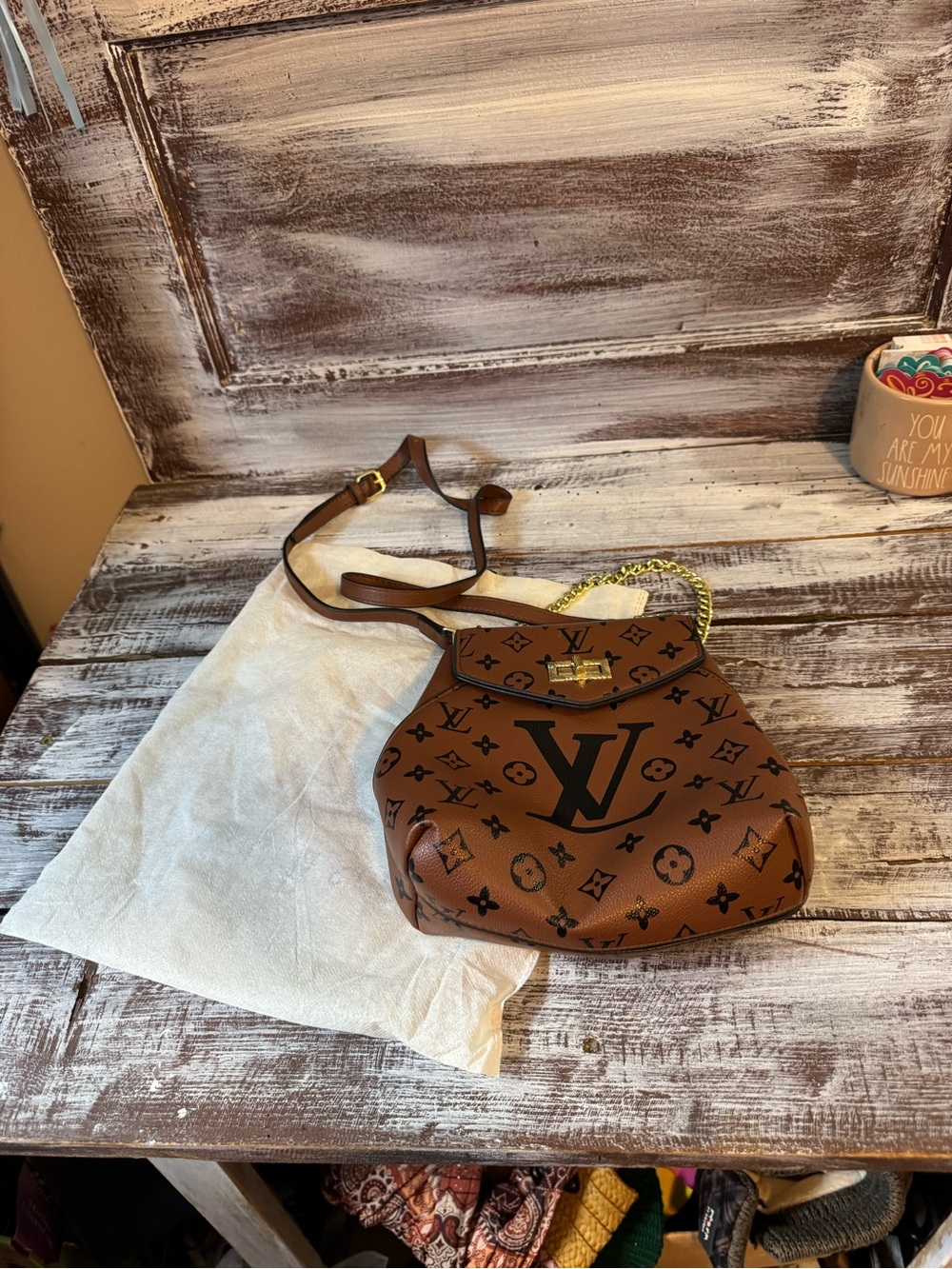 Brown Monogram Crossbody Bag with Gold Chain